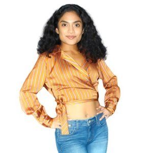 LUXE SATIN PINSTRIPE WRAP BLOUSE